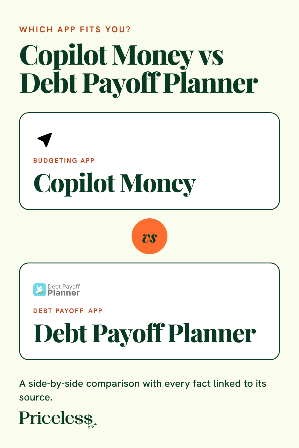 Pinterest pin for Copilot Money vs Debt Payoff Planner, a side-by-side app comparison from Priceless Tay.