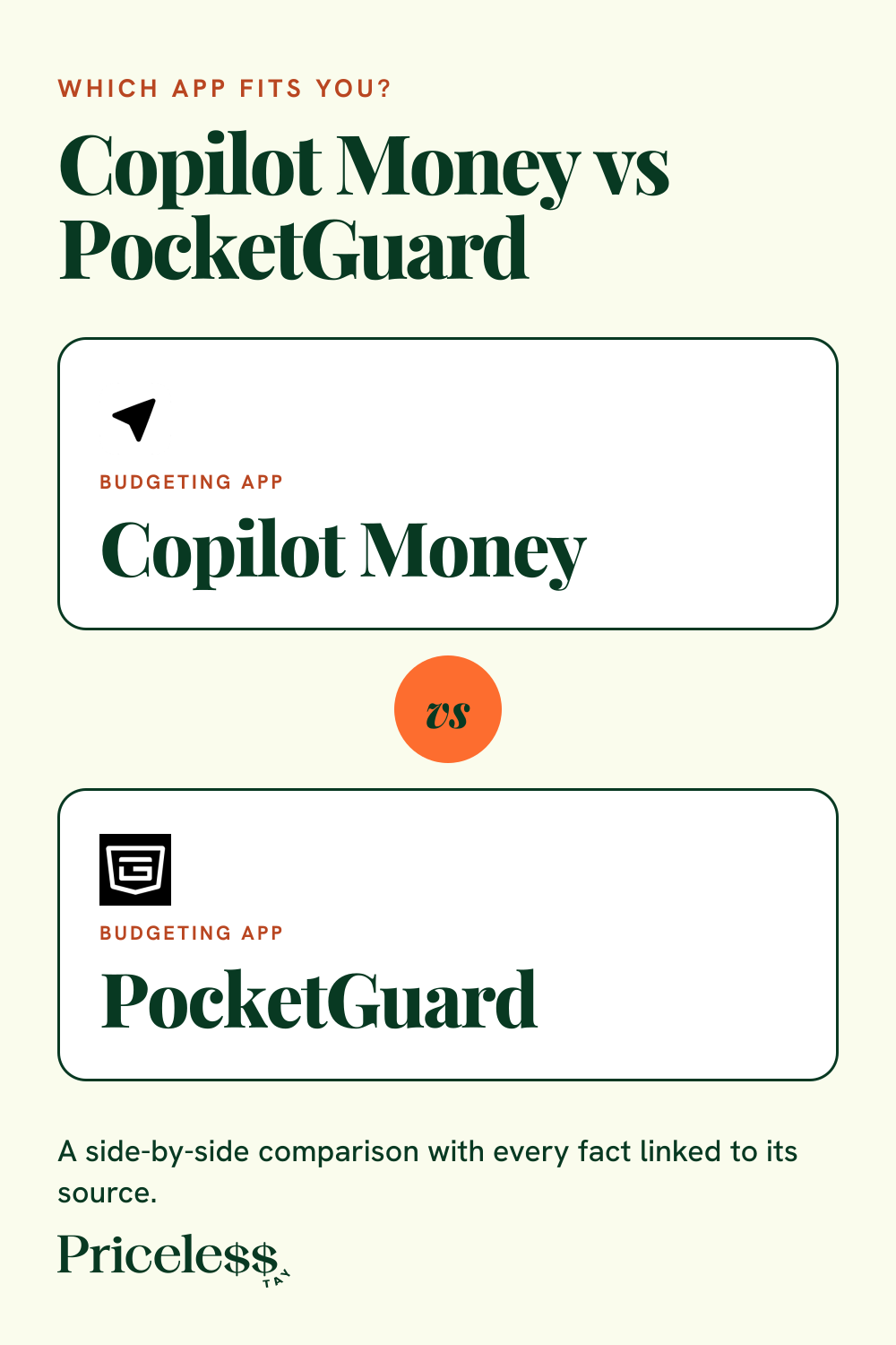 Pinterest pin for Copilot Money vs PocketGuard, a side-by-side app comparison from Priceless Tay.