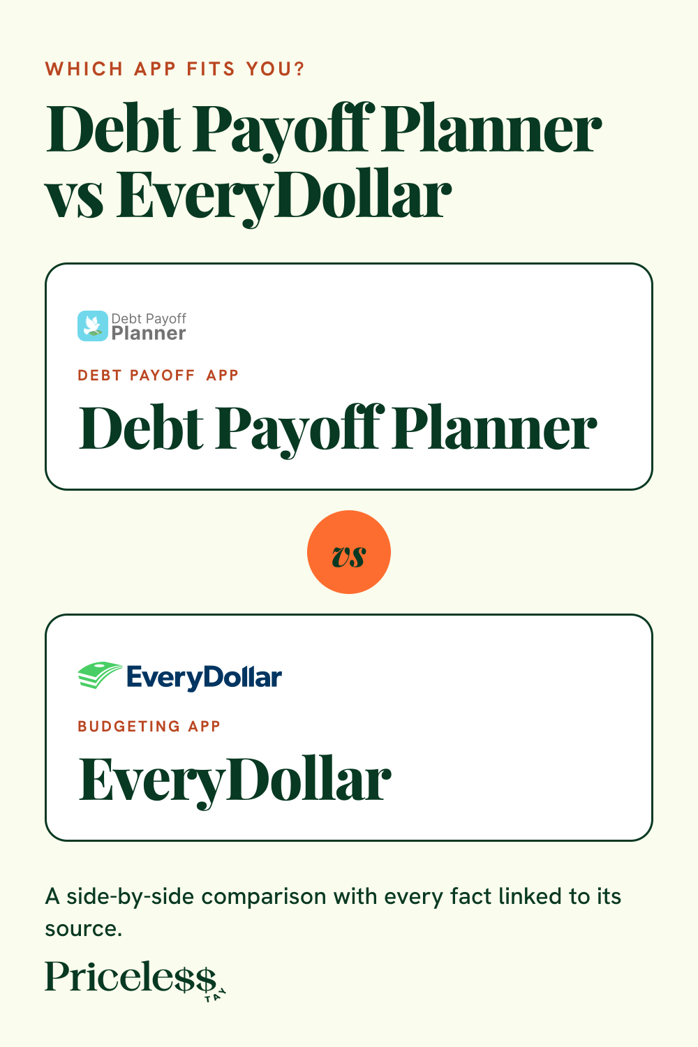 Pinterest pin for Debt Payoff Planner vs EveryDollar, a side-by-side app comparison from Priceless Tay.