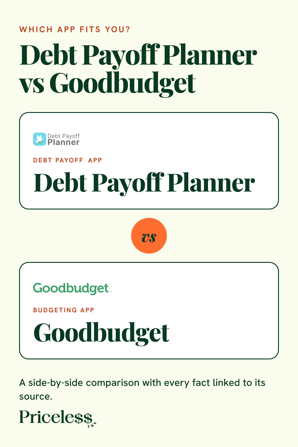 Pinterest pin for Debt Payoff Planner vs Goodbudget, a side-by-side app comparison from Priceless Tay.