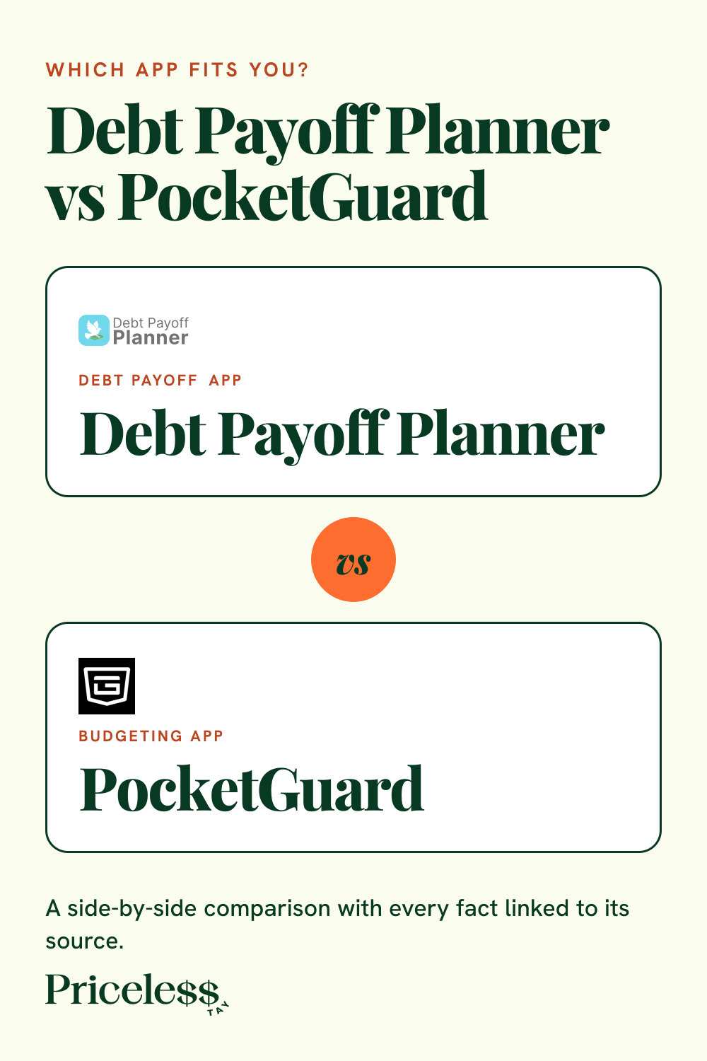 Pinterest pin for Debt Payoff Planner vs PocketGuard, a side-by-side app comparison from Priceless Tay.