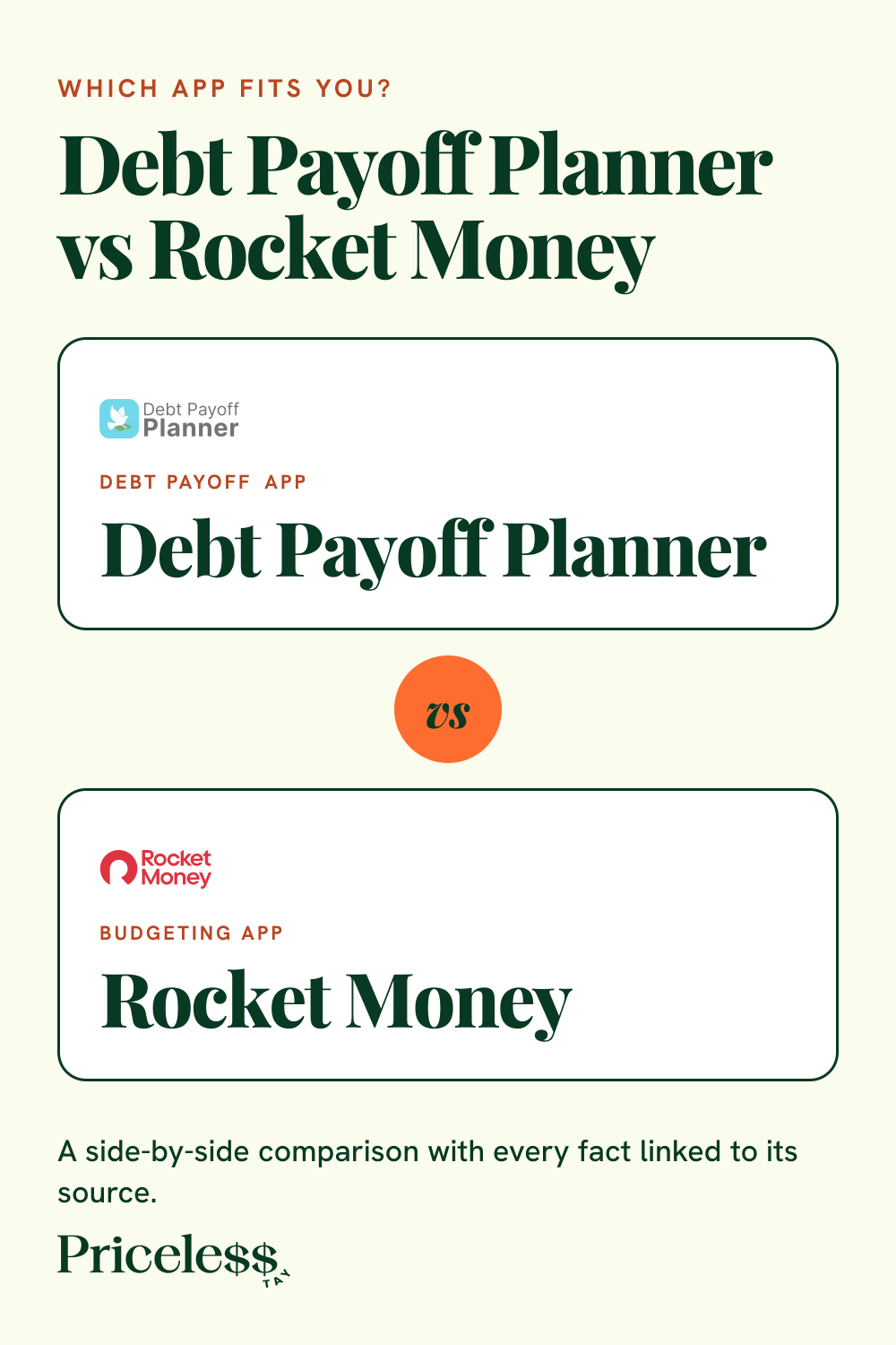 Pinterest pin for Debt Payoff Planner vs Rocket Money, a side-by-side app comparison from Priceless Tay.