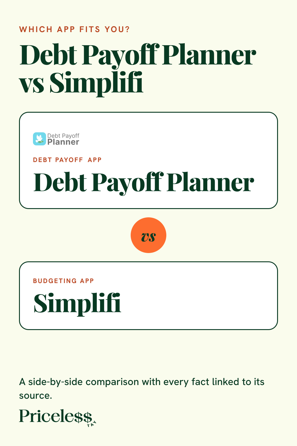 Pinterest pin for Debt Payoff Planner vs Simplifi, a side-by-side app comparison from Priceless Tay.