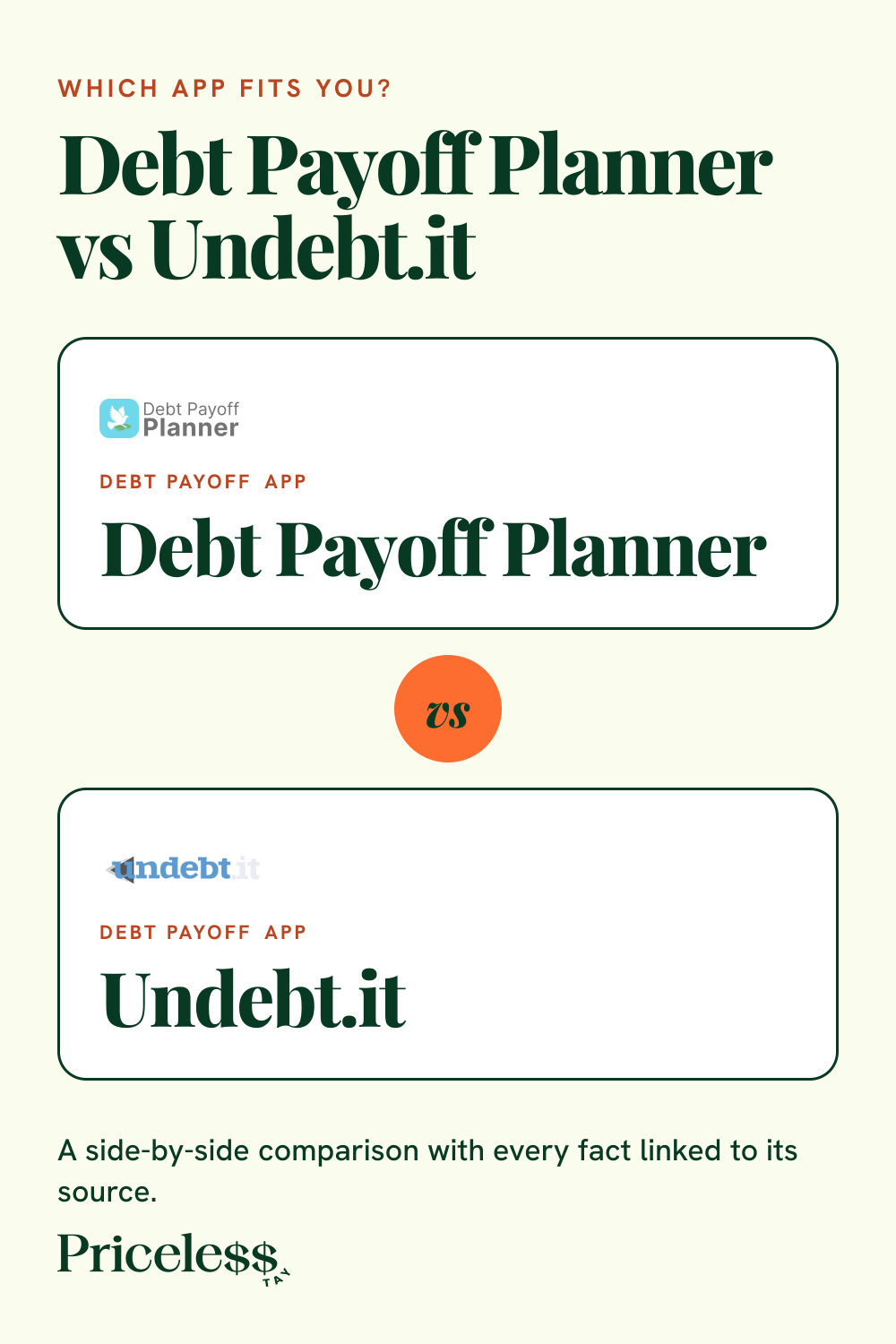 Pinterest pin for Debt Payoff Planner vs Undebt.it, a side-by-side app comparison from Priceless Tay.