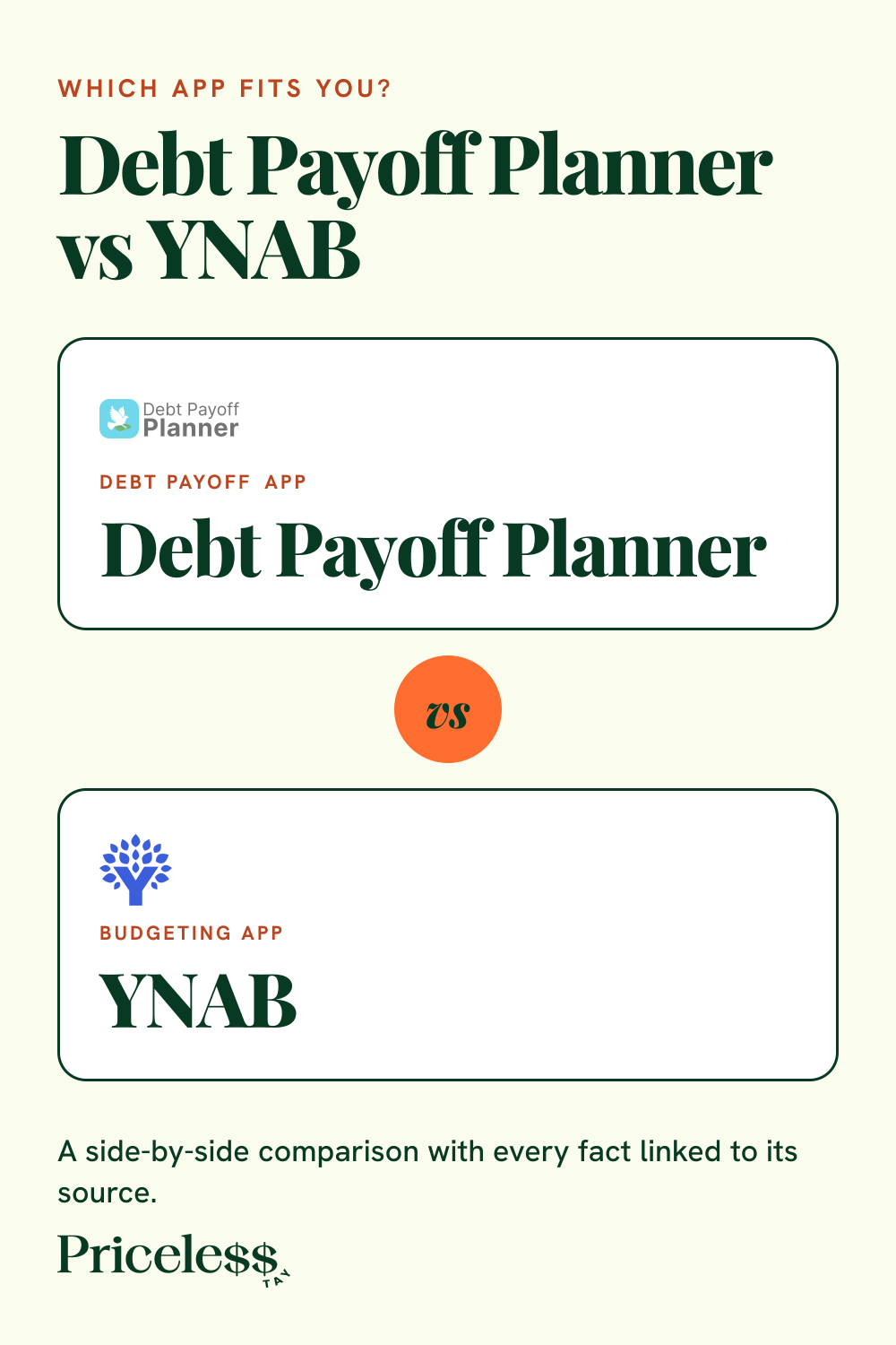 Pinterest pin for Debt Payoff Planner vs YNAB, a side-by-side app comparison from Priceless Tay.