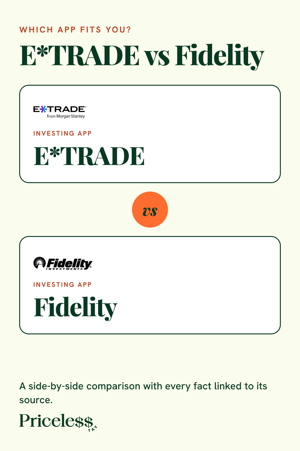 Pinterest pin for E*TRADE vs Fidelity, a side-by-side app comparison from Priceless Tay.