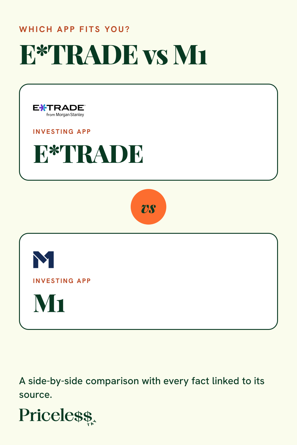 Pinterest pin for E*TRADE vs M1, a side-by-side app comparison from Priceless Tay.