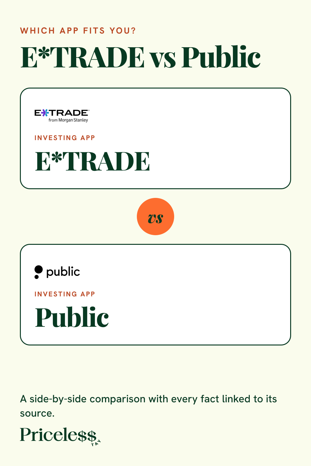 Pinterest pin for E*TRADE vs Public, a side-by-side app comparison from Priceless Tay.