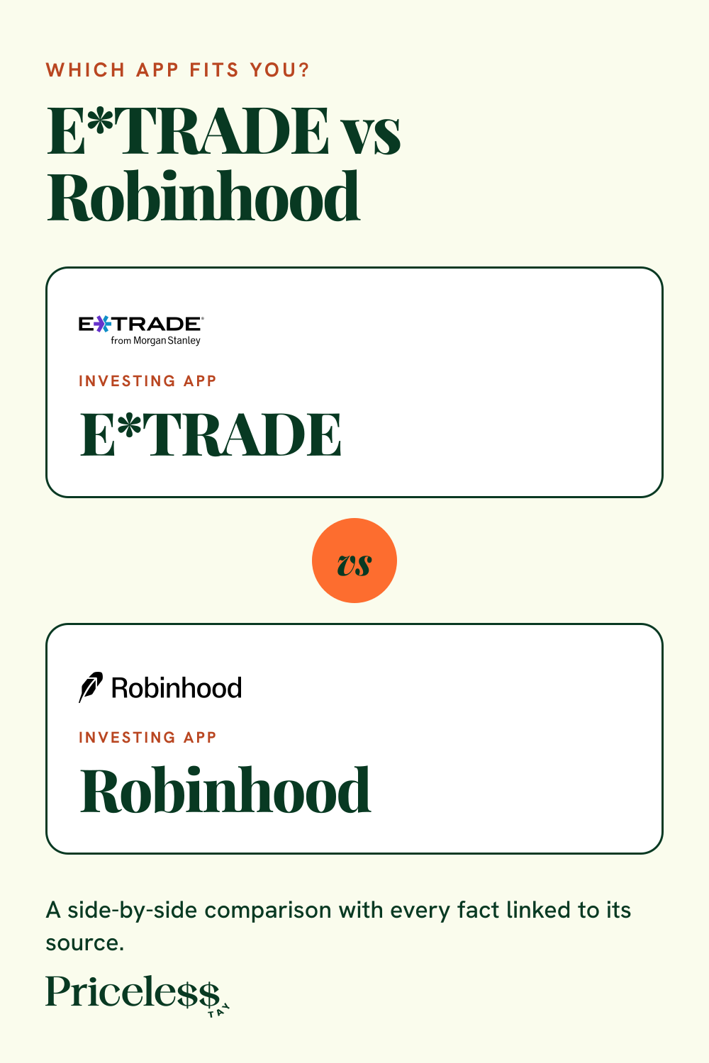 Pinterest pin for E*TRADE vs Robinhood, a side-by-side app comparison from Priceless Tay.