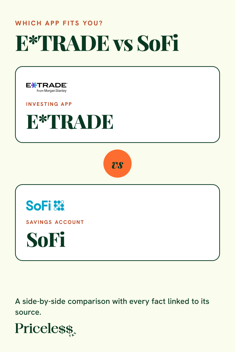 Pinterest pin for E*TRADE vs SoFi, a side-by-side app comparison from Priceless Tay.