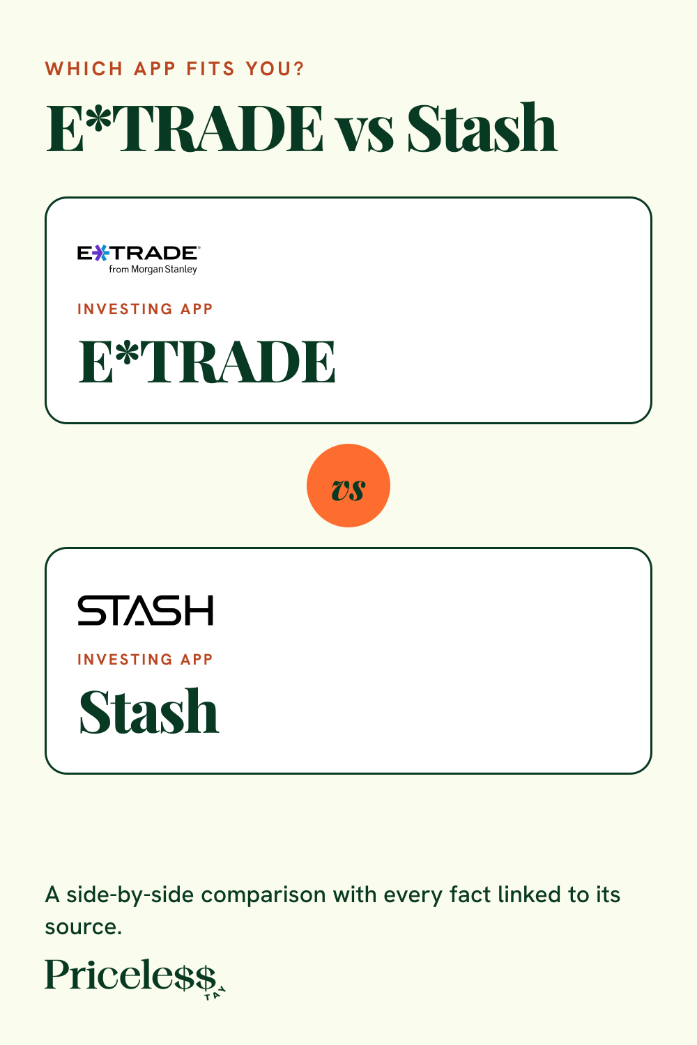 Pinterest pin for E*TRADE vs Stash, a side-by-side app comparison from Priceless Tay.