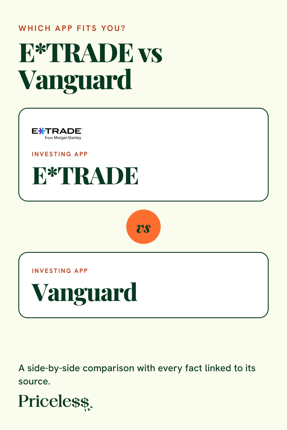 Pinterest pin for E*TRADE vs Vanguard, a side-by-side app comparison from Priceless Tay.
