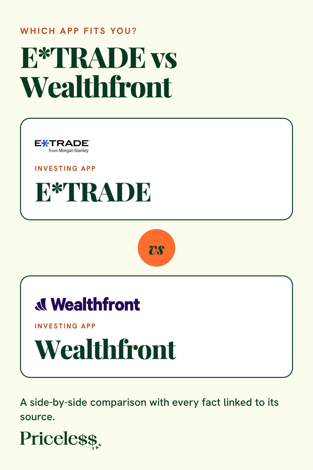 Pinterest pin for E*TRADE vs Wealthfront, a side-by-side app comparison from Priceless Tay.