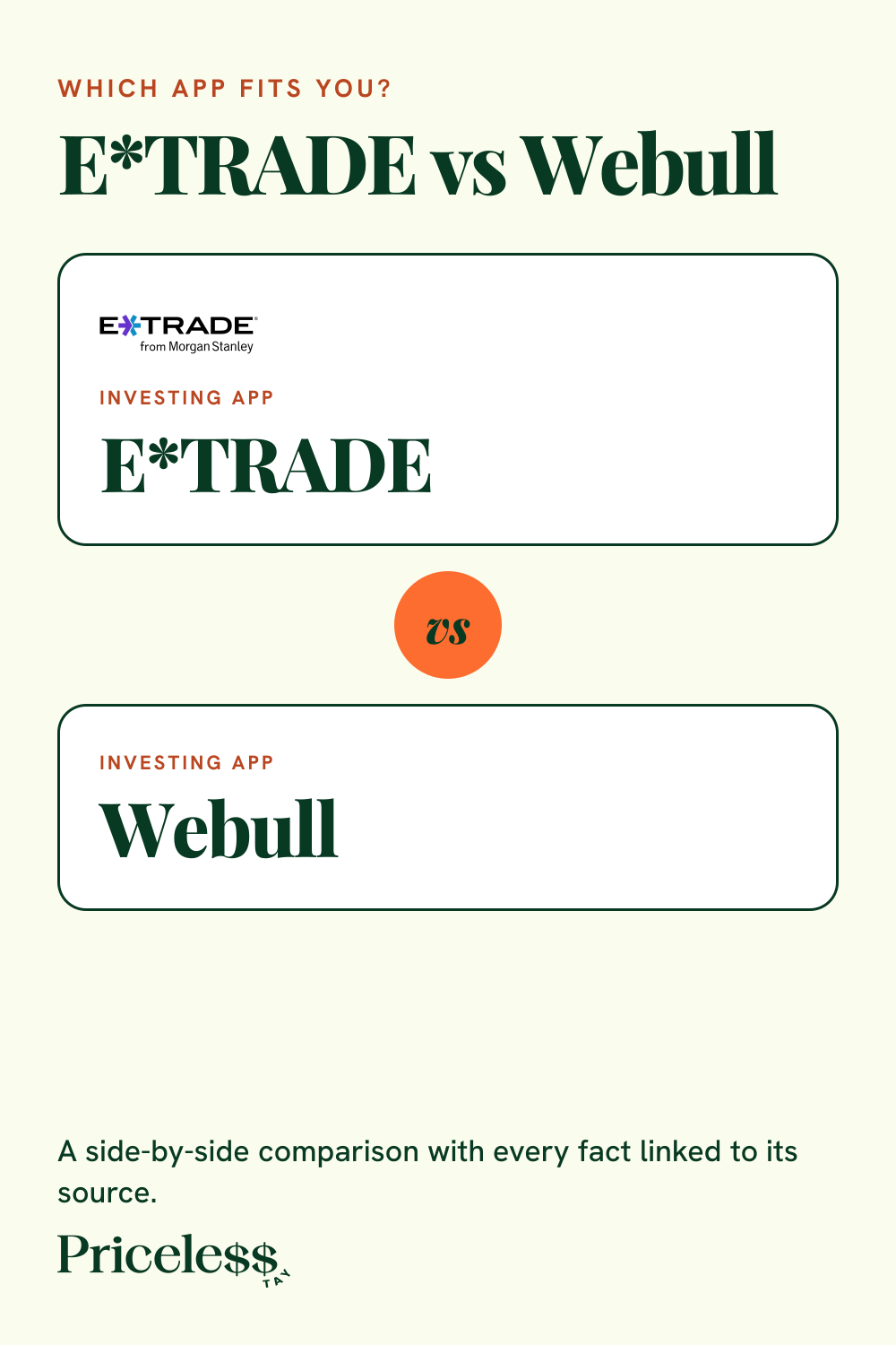 Pinterest pin for E*TRADE vs Webull, a side-by-side app comparison from Priceless Tay.