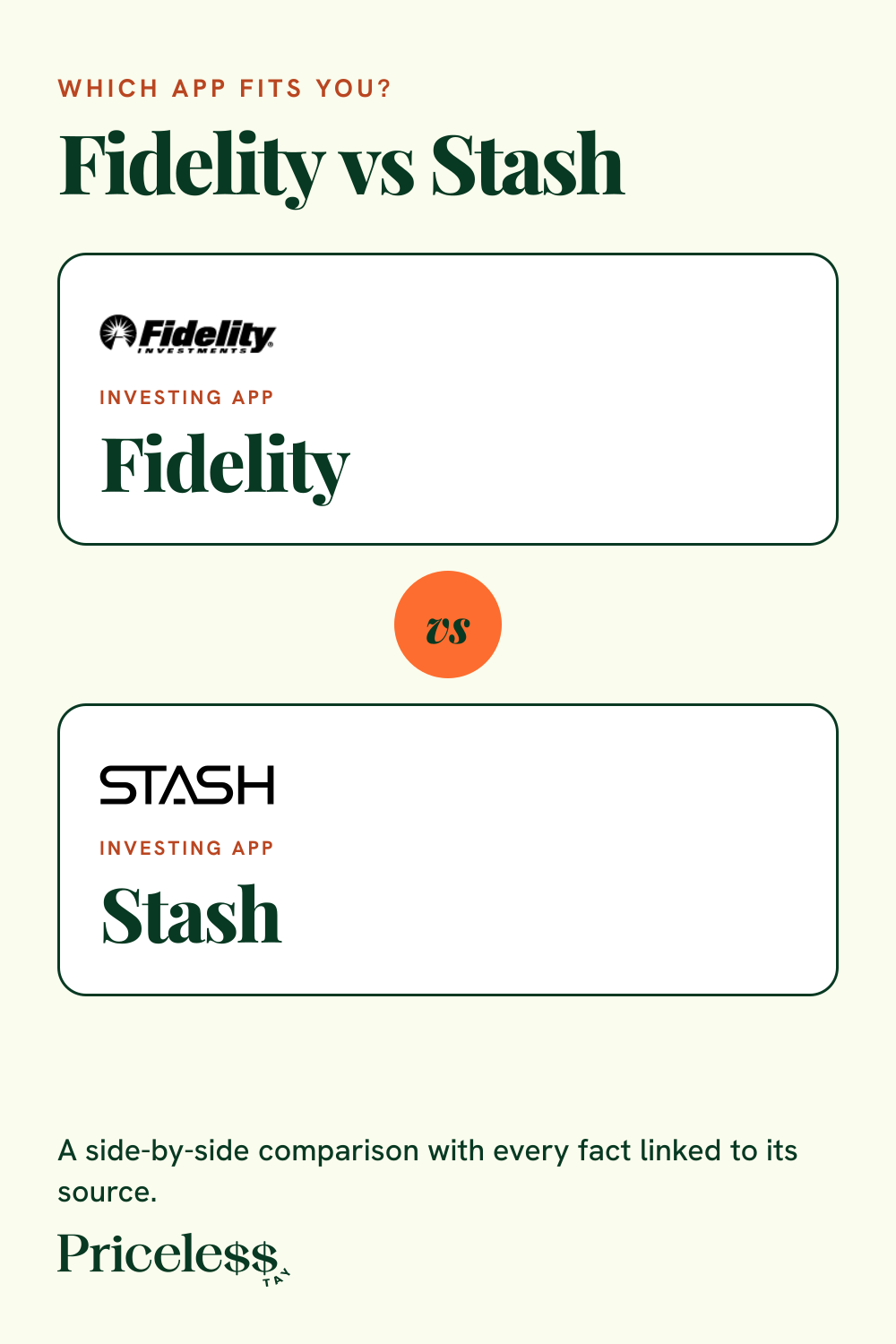 Pinterest pin for Fidelity vs Stash, a side-by-side app comparison from Priceless Tay.