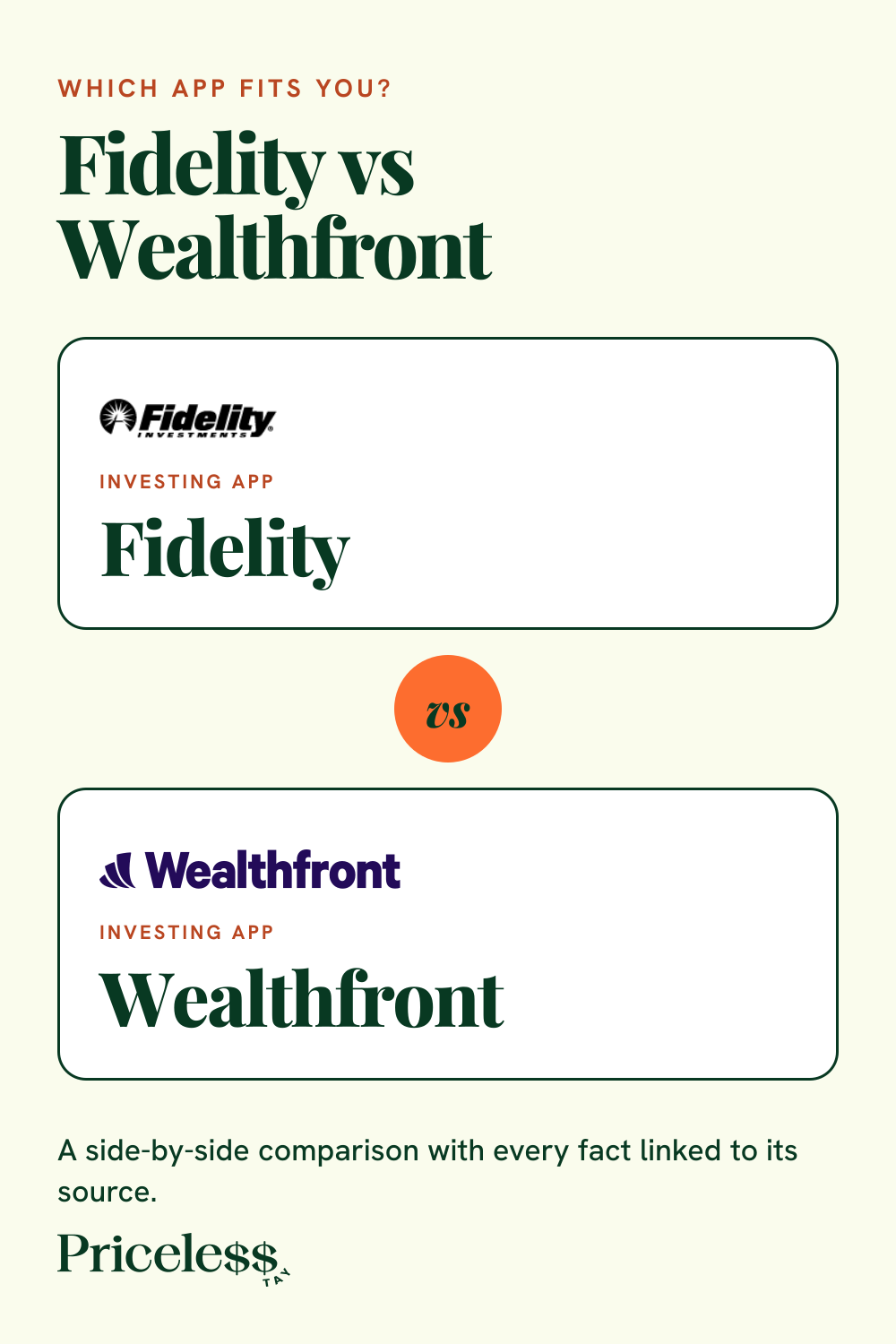 Pinterest pin for Fidelity vs Wealthfront, a side-by-side app comparison from Priceless Tay.