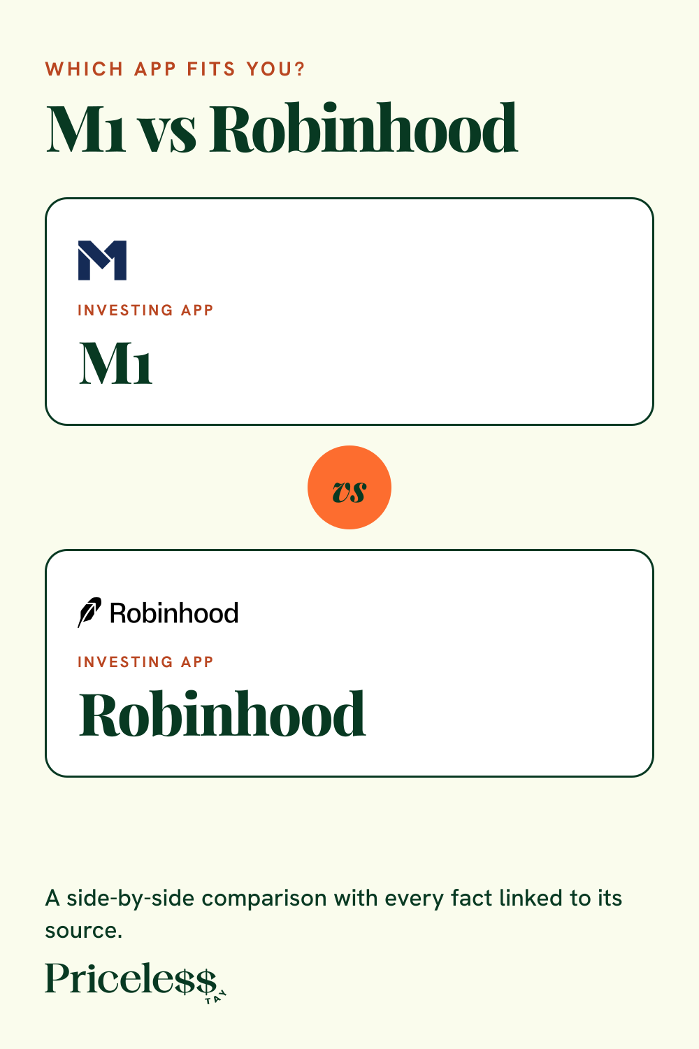 Pinterest pin for M1 vs Robinhood, a side-by-side app comparison from Priceless Tay.