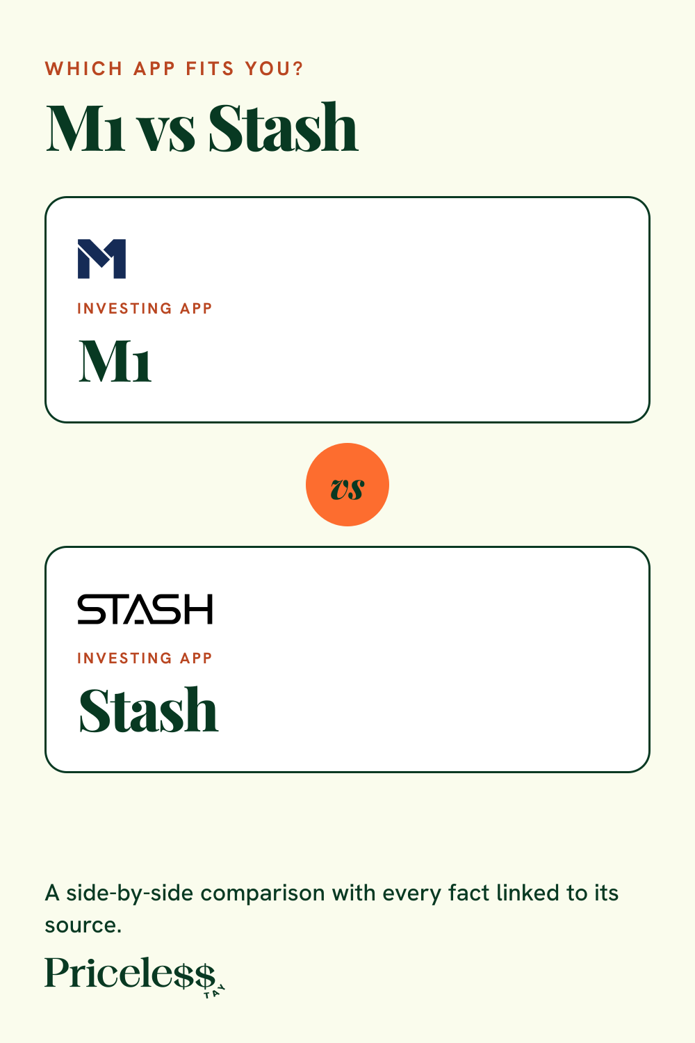 Pinterest pin for M1 vs Stash, a side-by-side app comparison from Priceless Tay.
