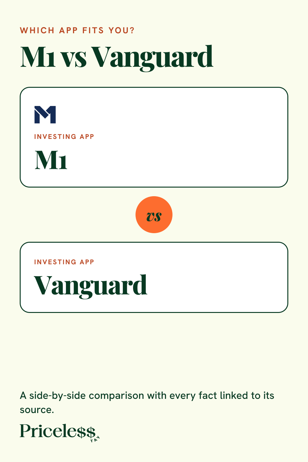 Pinterest pin for M1 vs Vanguard, a side-by-side app comparison from Priceless Tay.