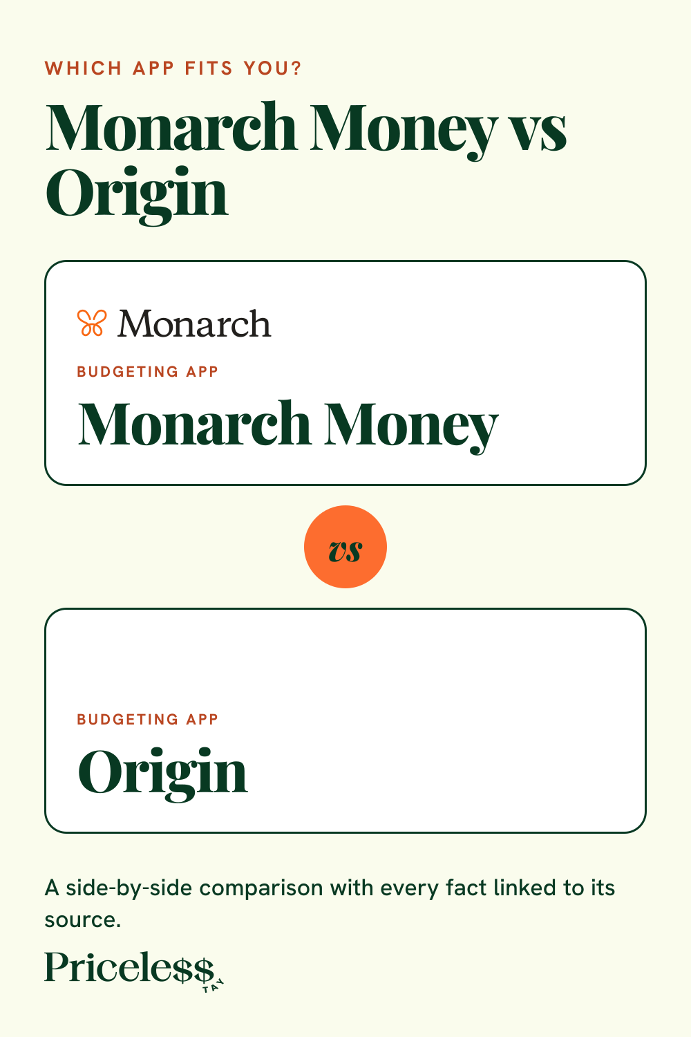 Pinterest pin for Monarch Money vs Origin, a side-by-side app comparison from Priceless Tay.