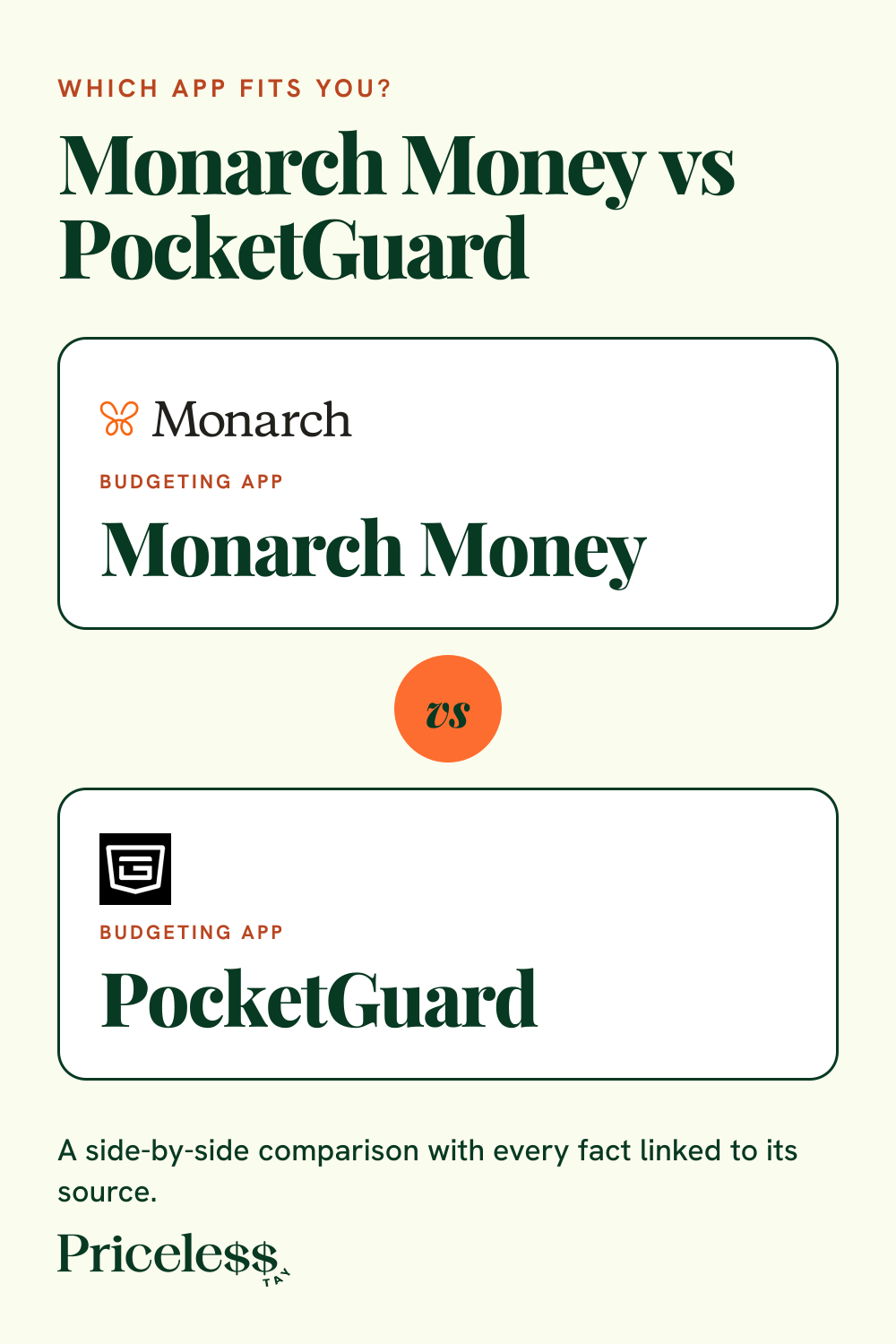 Pinterest pin for Monarch Money vs PocketGuard, a side-by-side app comparison from Priceless Tay.