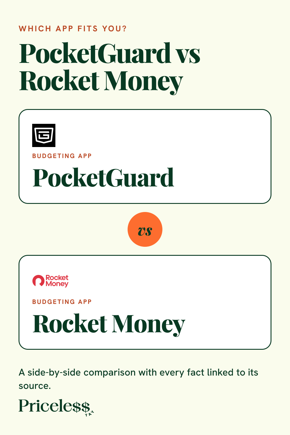 Pinterest pin for PocketGuard vs Rocket Money, a side-by-side app comparison from Priceless Tay.