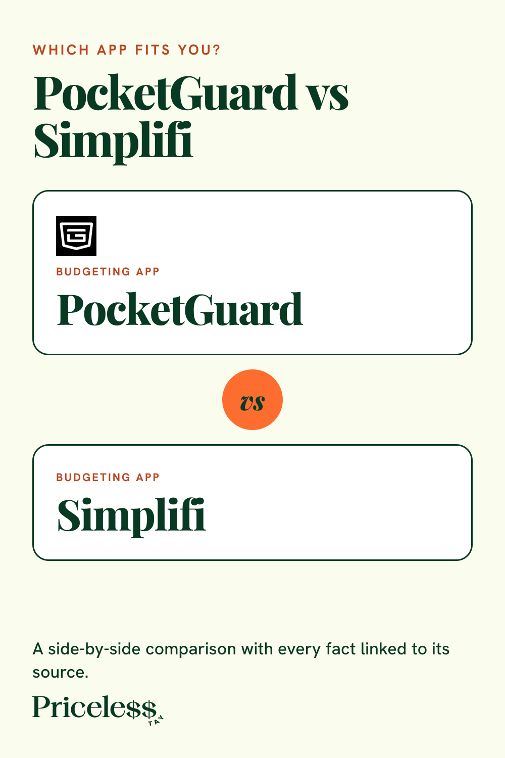 Pinterest pin for PocketGuard vs Simplifi, a side-by-side app comparison from Priceless Tay.