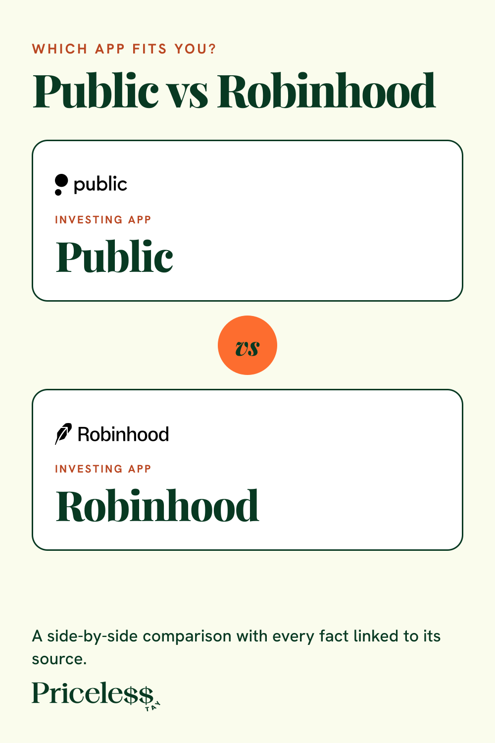 Pinterest pin for Public vs Robinhood, a side-by-side app comparison from Priceless Tay.