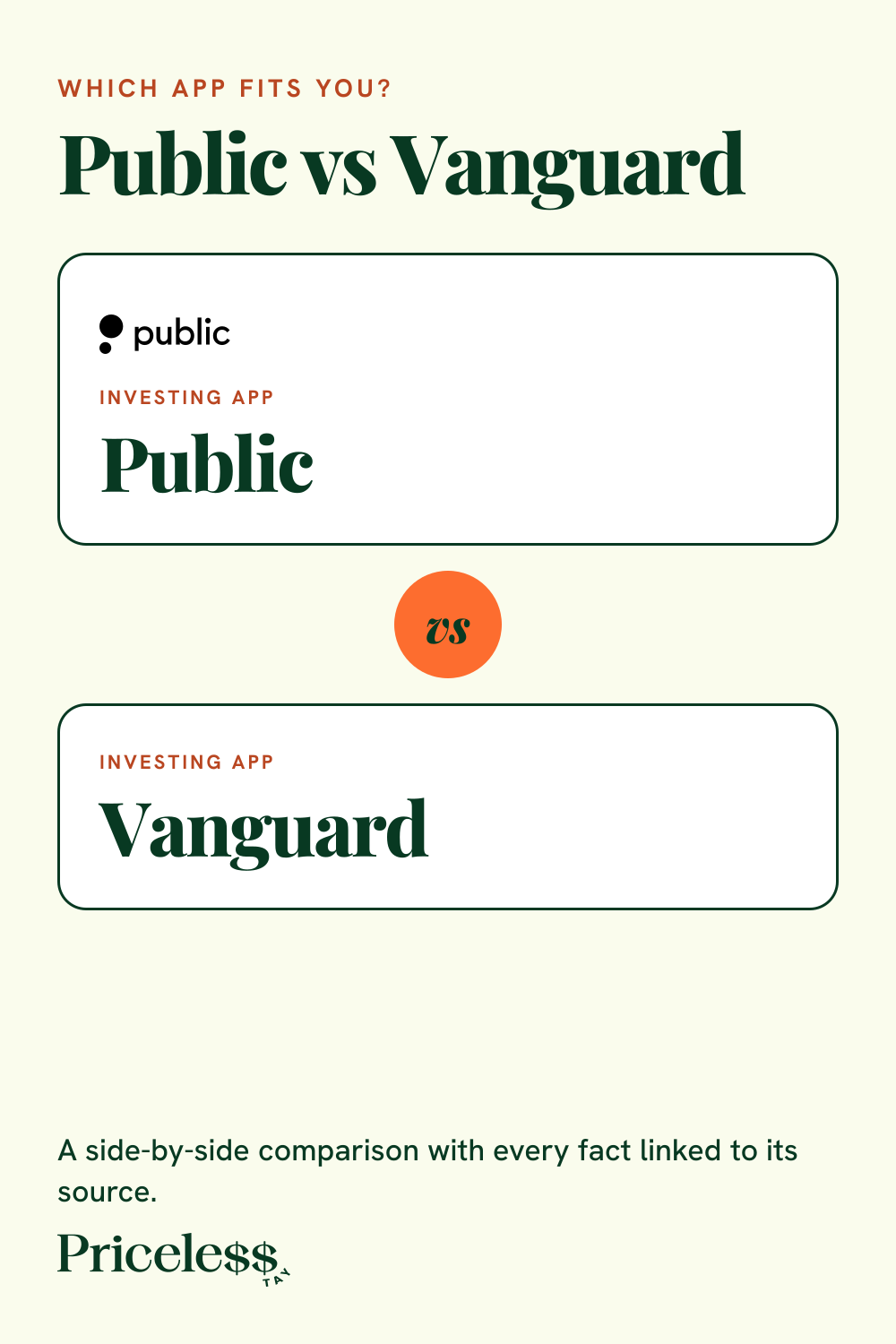 Pinterest pin for Public vs Vanguard, a side-by-side app comparison from Priceless Tay.