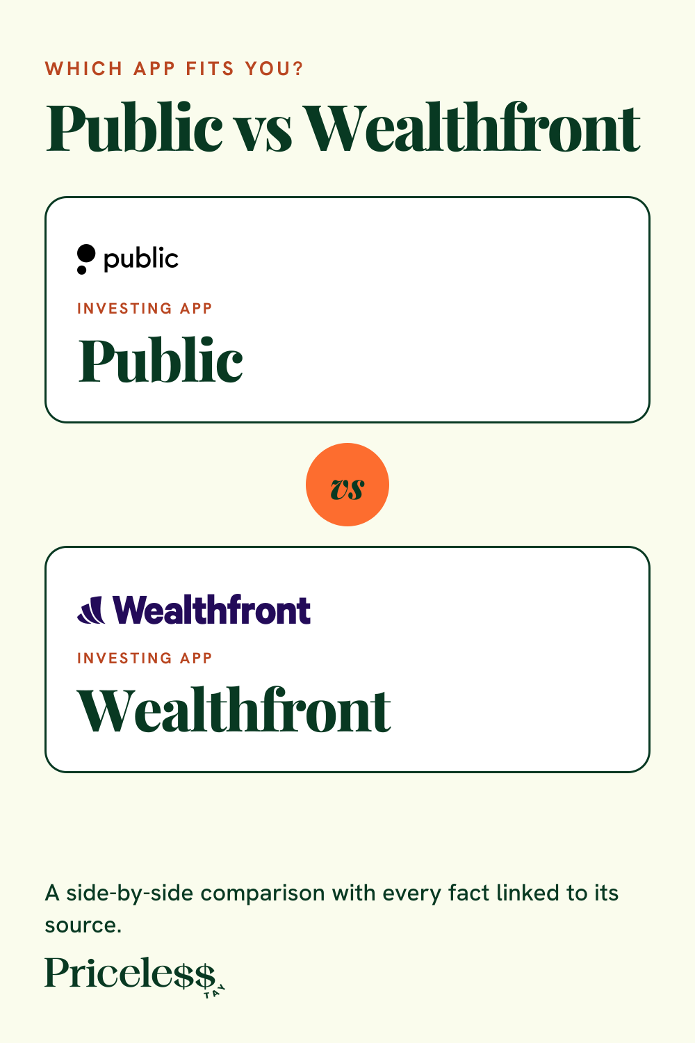 Pinterest pin for Public vs Wealthfront, a side-by-side app comparison from Priceless Tay.
