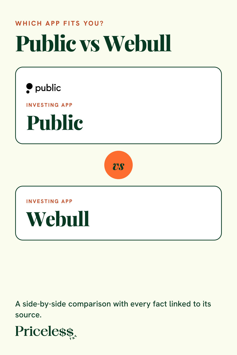 Pinterest pin for Public vs Webull, a side-by-side app comparison from Priceless Tay.