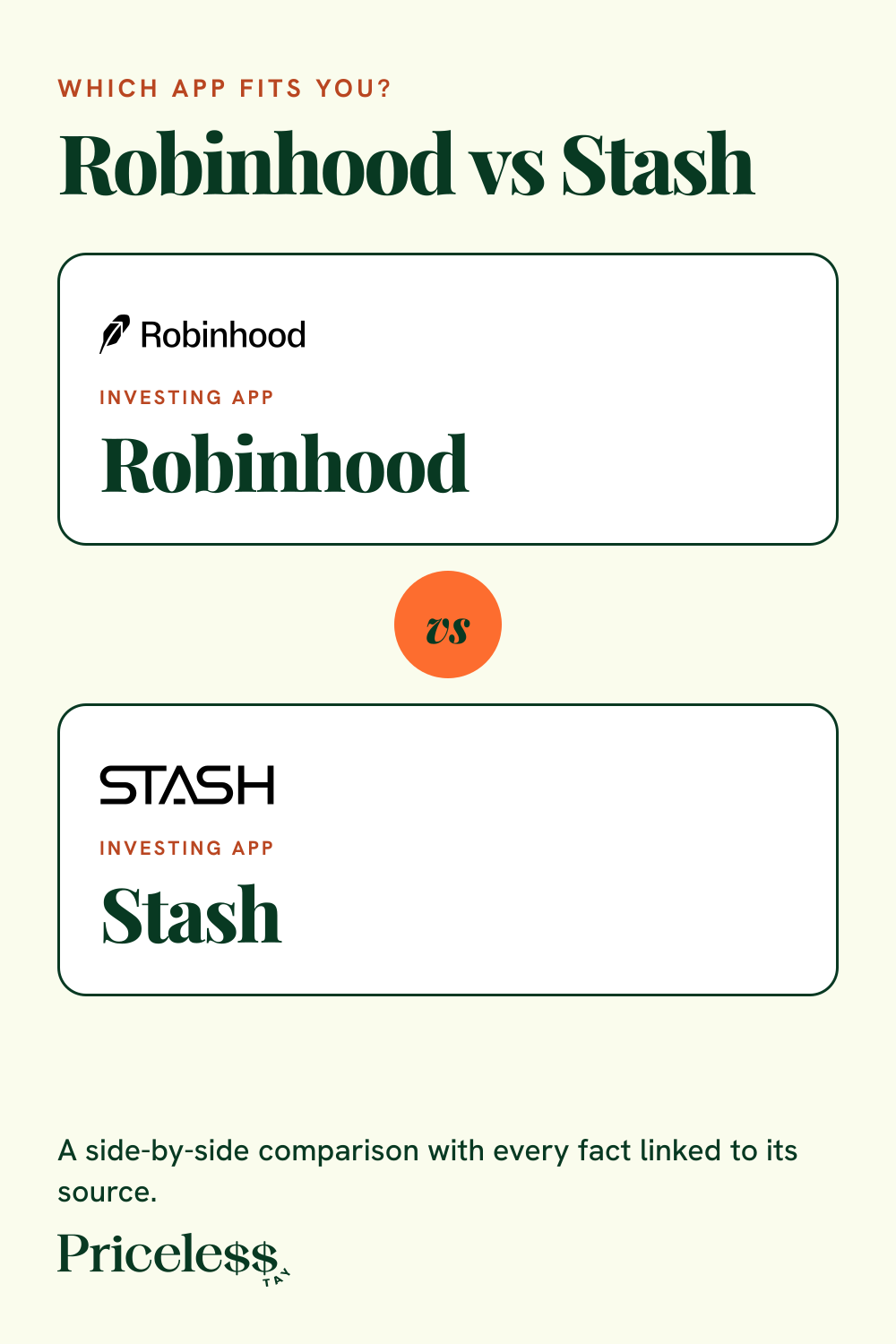 Pinterest pin for Robinhood vs Stash, a side-by-side app comparison from Priceless Tay.