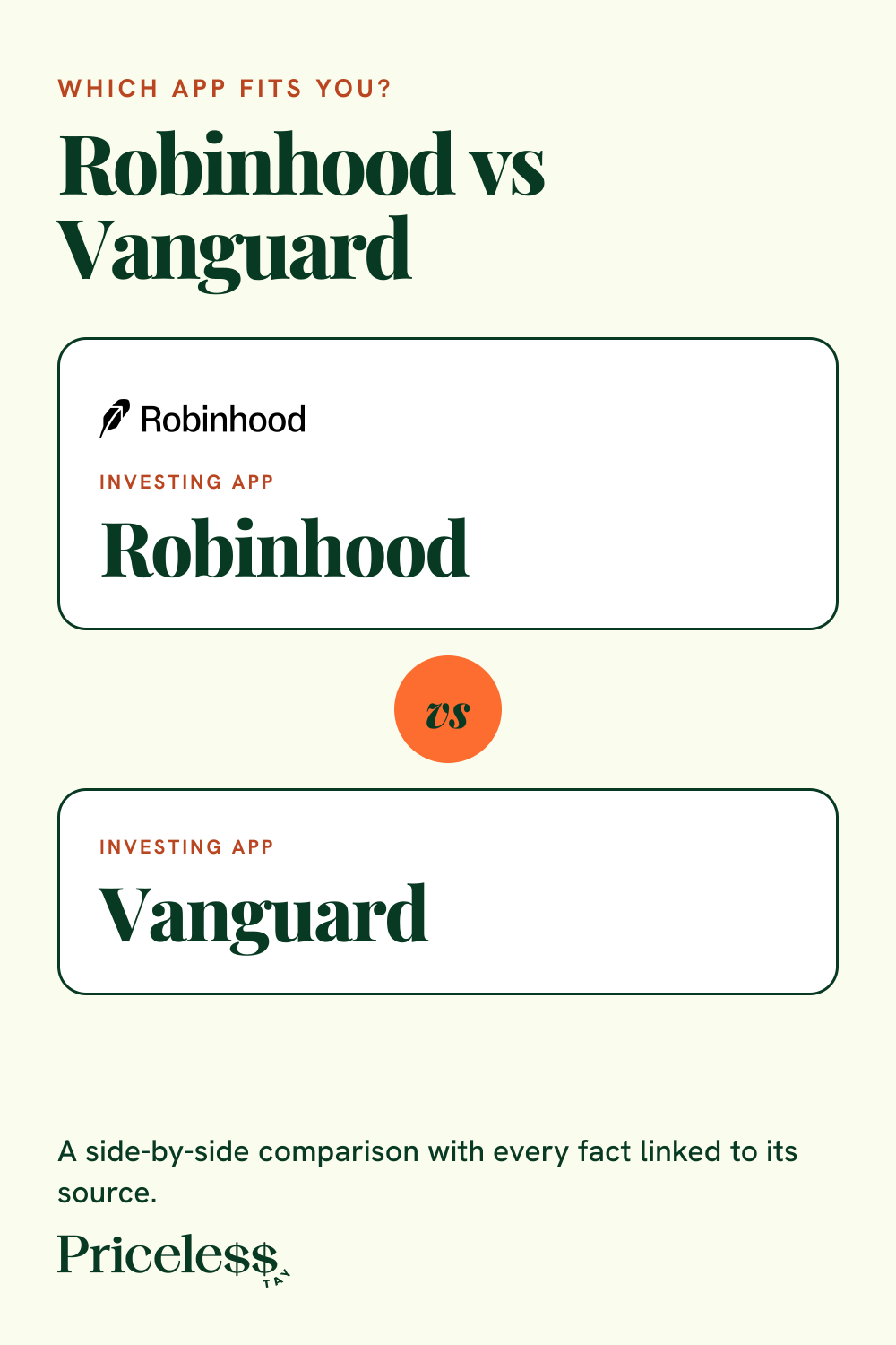 Pinterest pin for Robinhood vs Vanguard, a side-by-side app comparison from Priceless Tay.