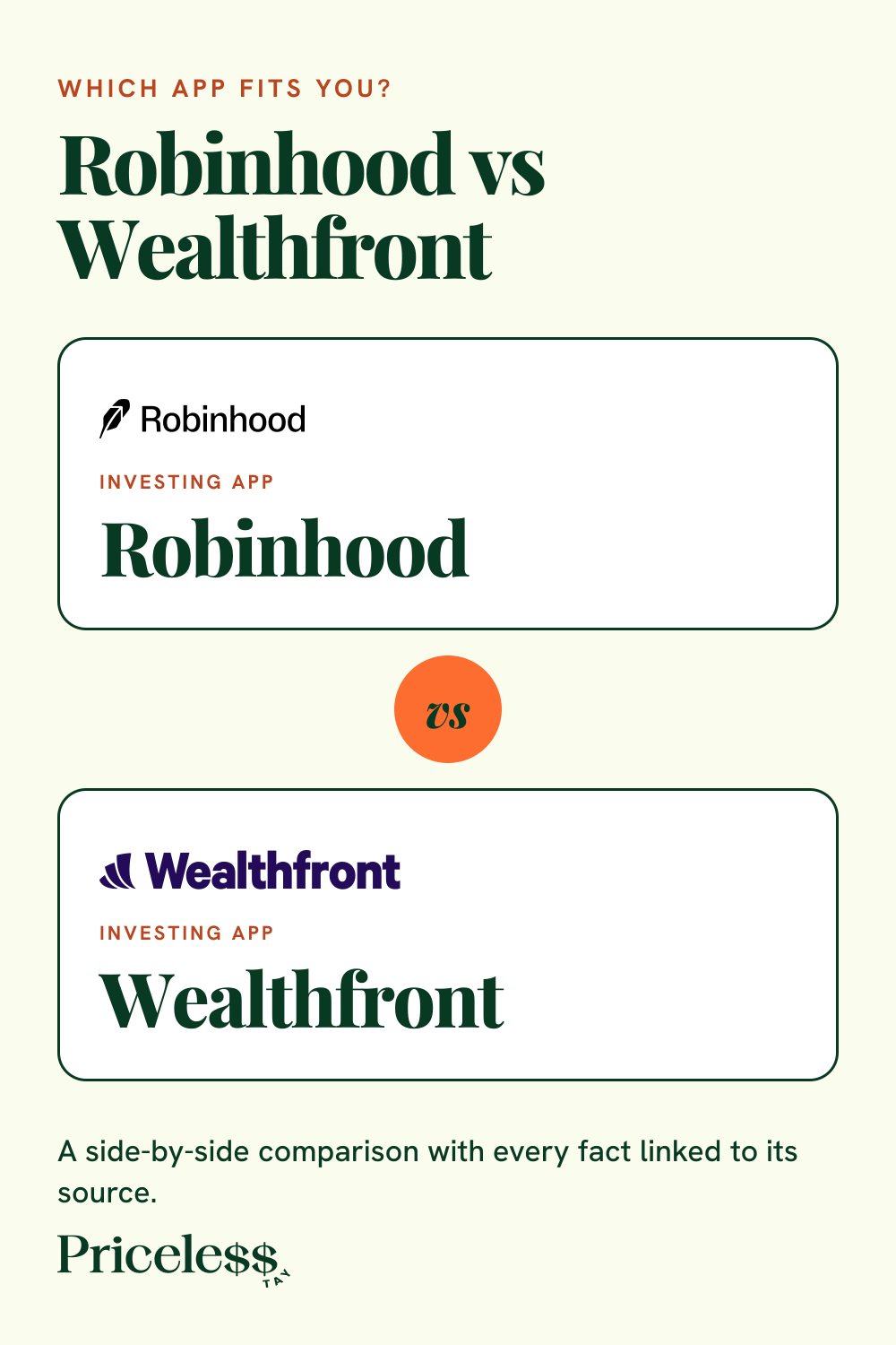 Pinterest pin for Robinhood vs Wealthfront, a side-by-side app comparison from Priceless Tay.