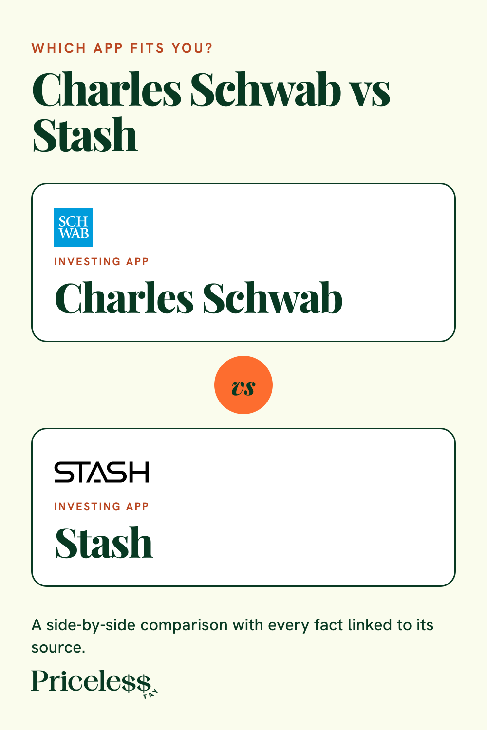 Pinterest pin for Charles Schwab vs Stash, a side-by-side app comparison from Priceless Tay.