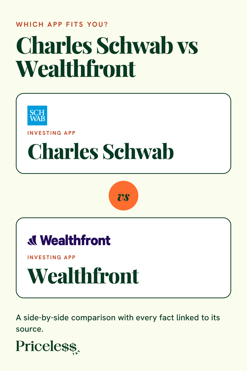 Pinterest pin for Charles Schwab vs Wealthfront, a side-by-side app comparison from Priceless Tay.