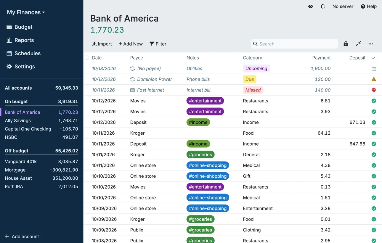 Actual Budget account register