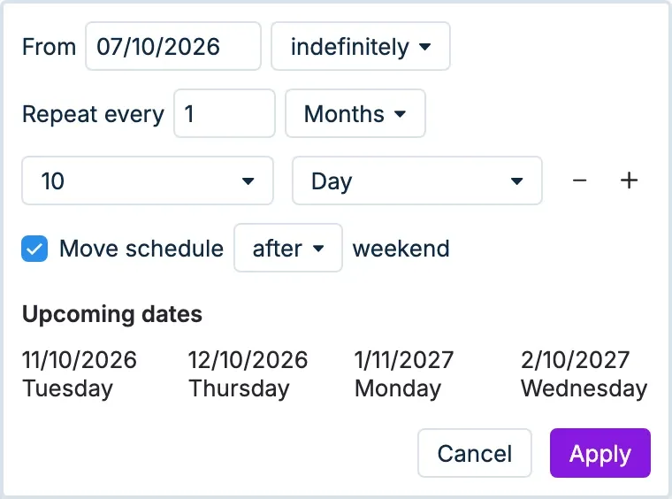 Actual Budget recurrence settings
