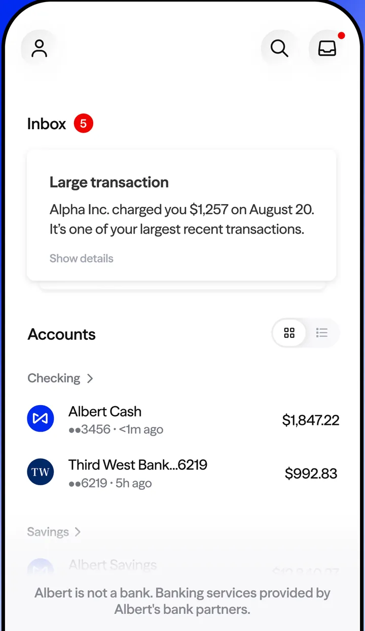 Albert home screen with Inbox and Accounts