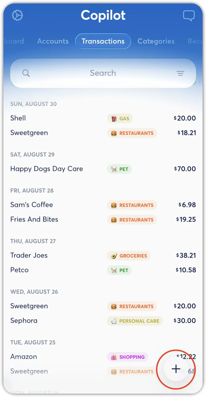 Copilot Transactions tab