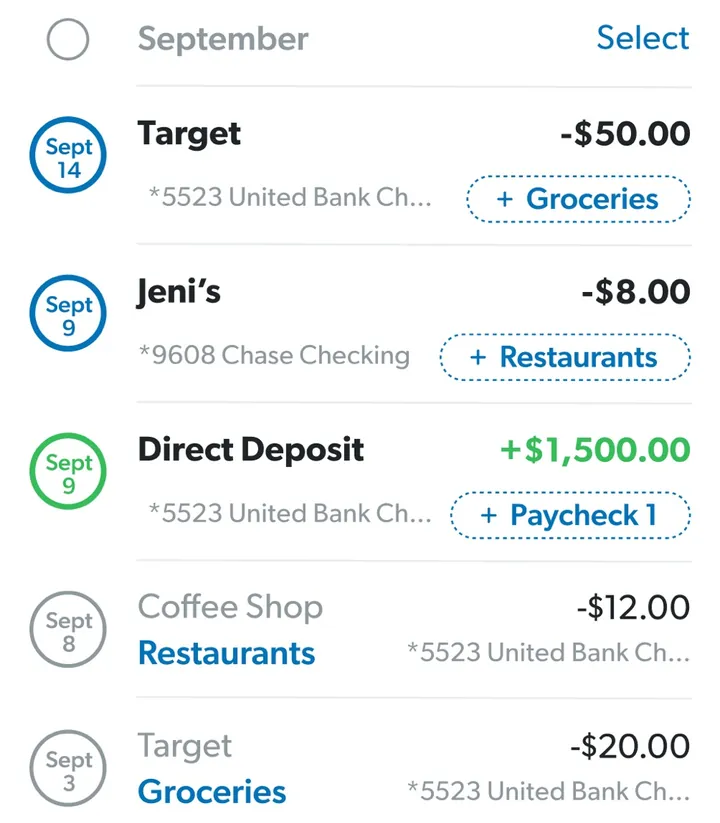 EveryDollar transaction rows with tags