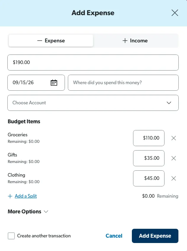 EveryDollar Add Expense form with a split