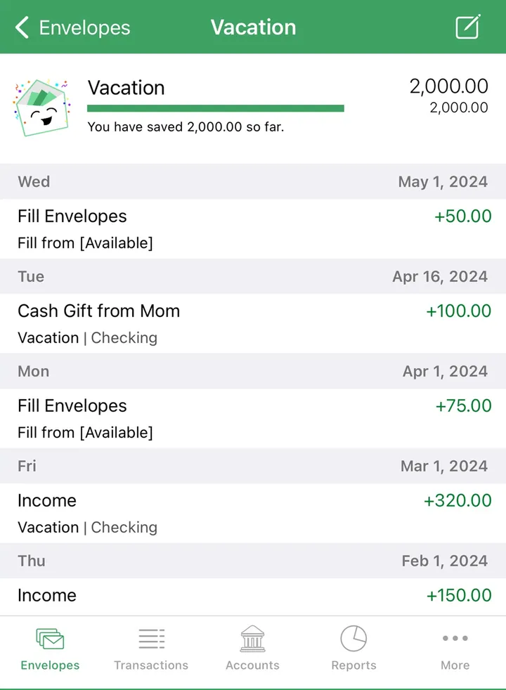 Goodbudget Vacation envelope