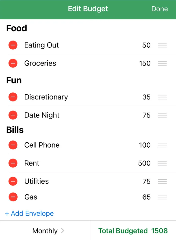Goodbudget Edit Budget screen