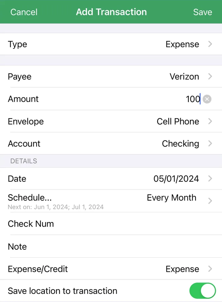 Goodbudget Add Transaction form
