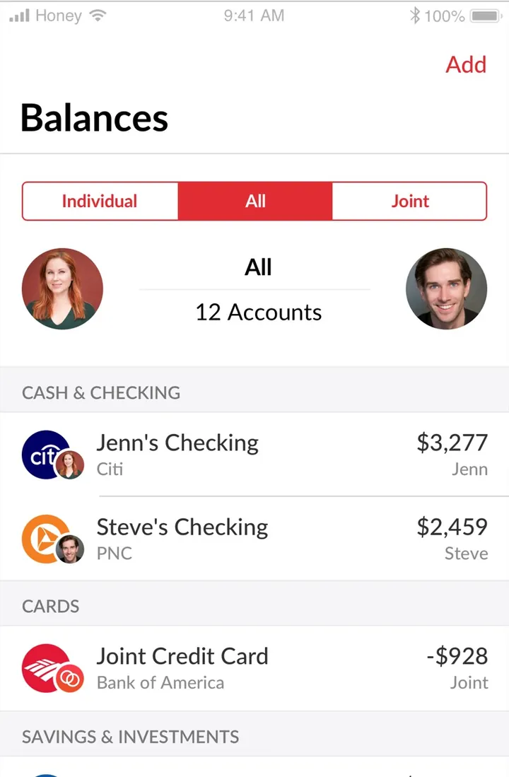 Honeydue Balances screen with Individual, All and Joint tabs