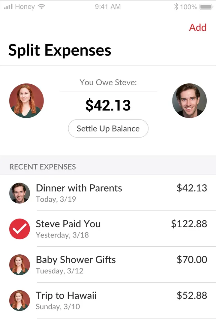 Honeydue Split Expenses screen