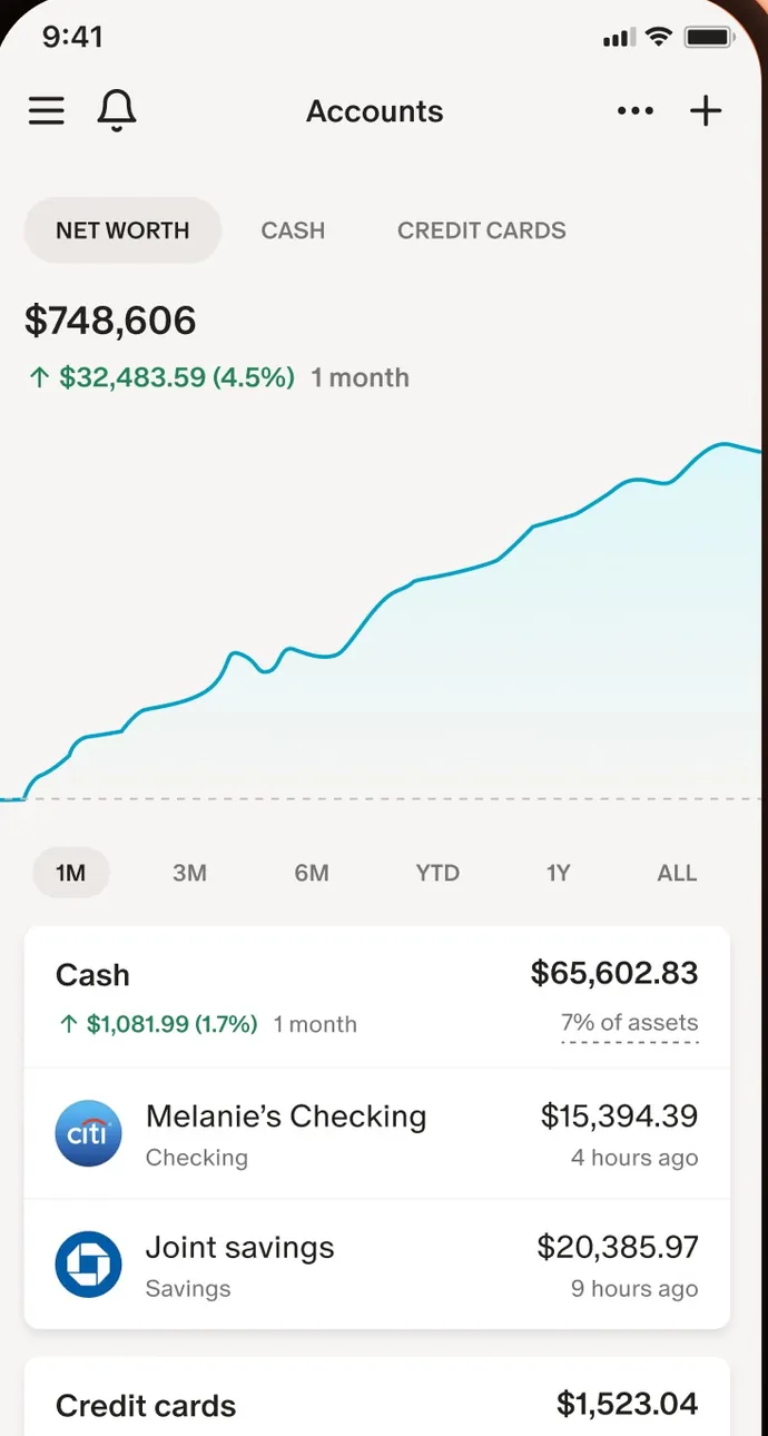 Monarch Accounts screen with a net worth chart