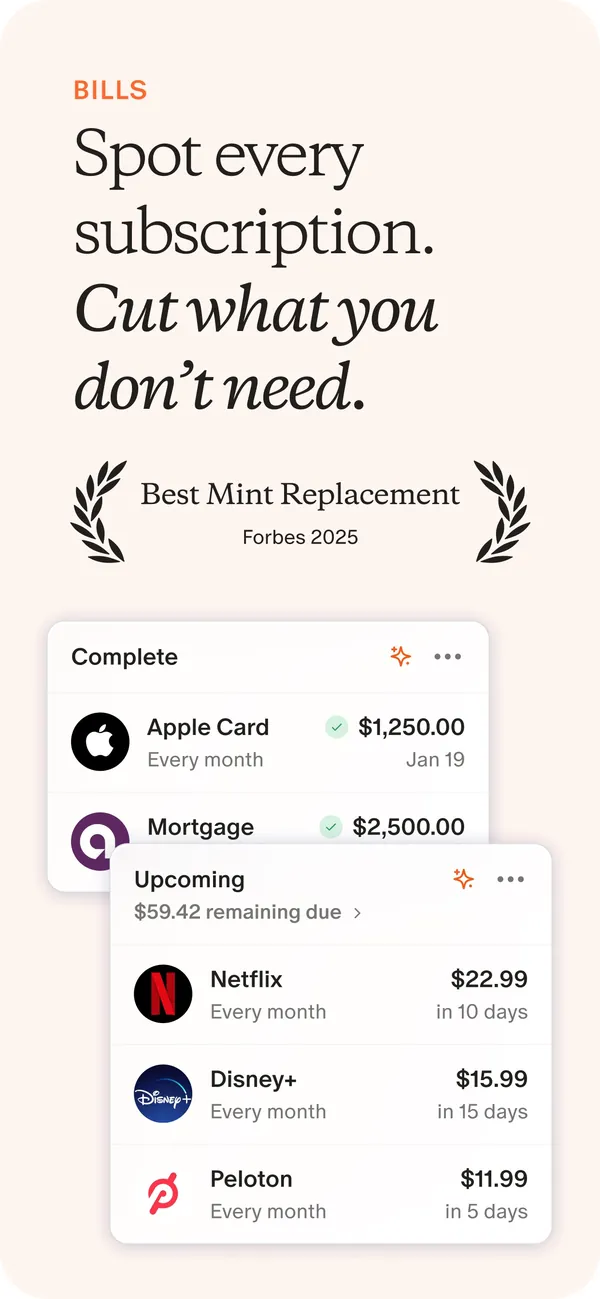 Monarch App Store image of recurring bill cards
