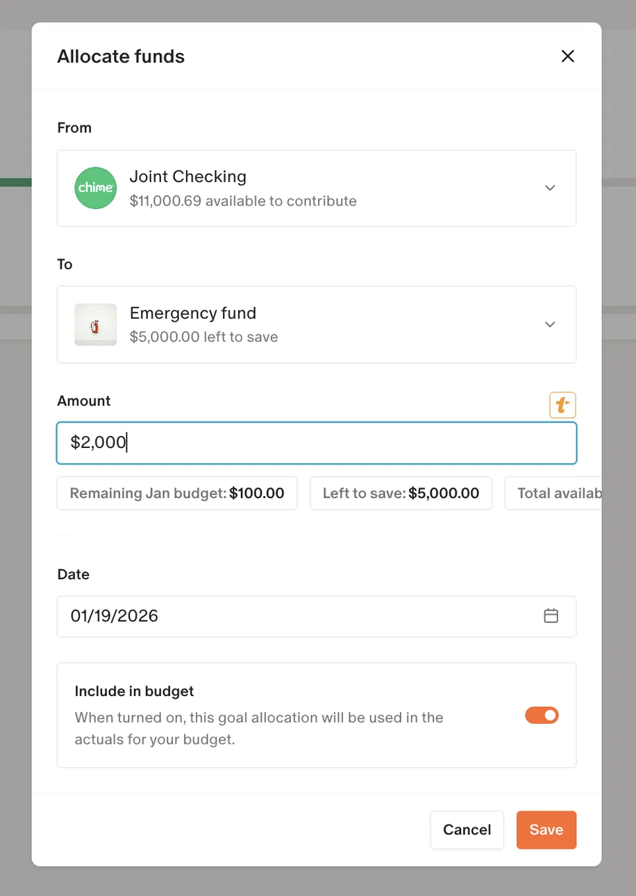Monarch Allocate funds dialog